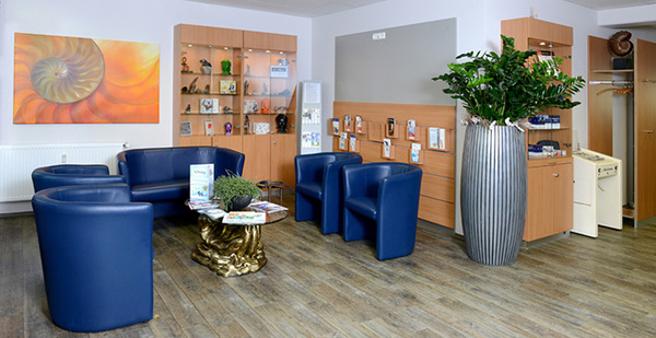 Modern eingerichtetes Wartezimmer mit blauen Sesseln, Infomaterial und Zimmerpflanze.